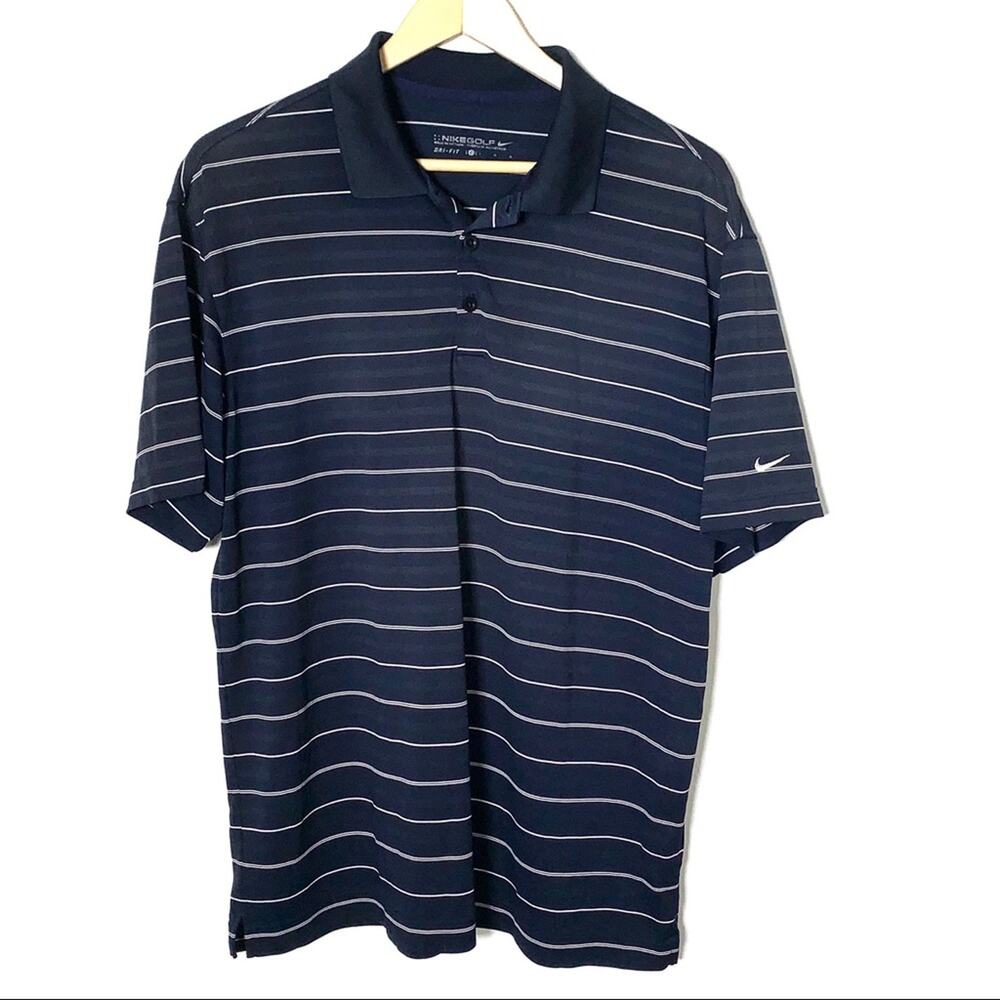 Nike golf dry fit polo shirt top navy blue w/ white stripes size L large B96